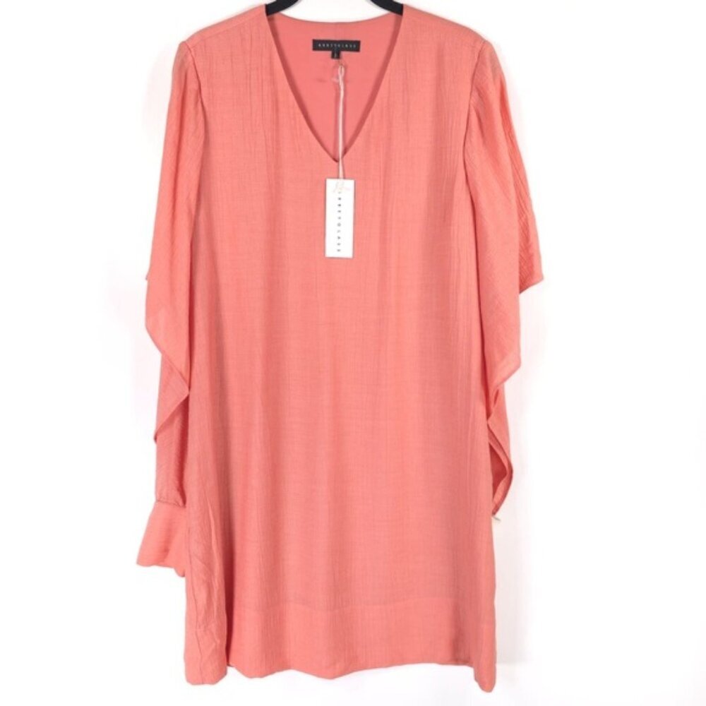 NWT ABBEY GLASS JOJO DRESS Mini Viscose Blend Open Sleeve VNeck Textured SMALL